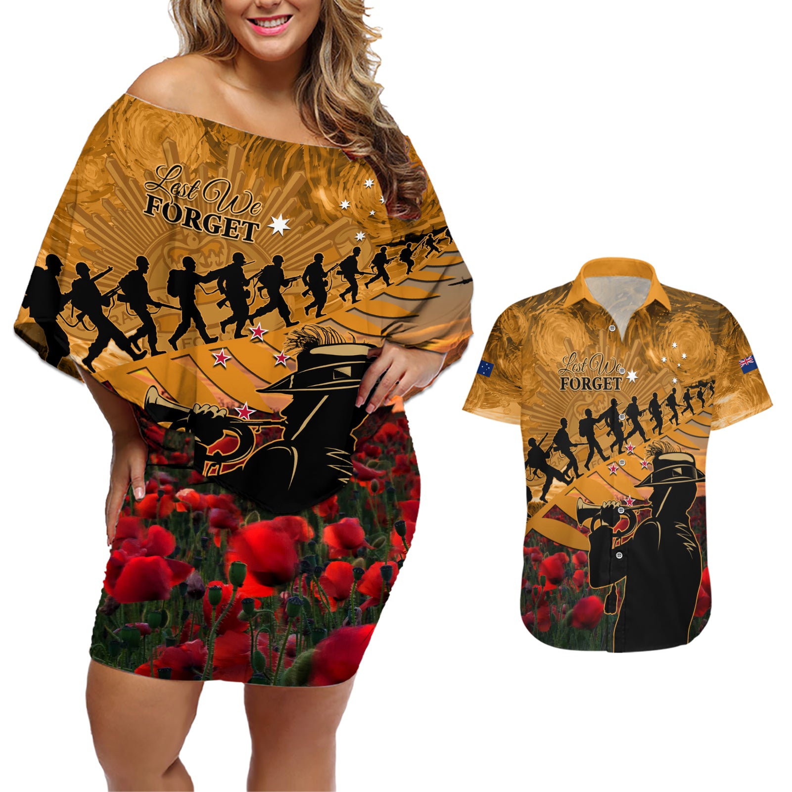 ANZAC Day 2024 Couples Matching Off Shoulder Short Dress and Hawaiian Shirt Silver Fern With A Trumpet Soldier LT01 Art - Polynesian Pride