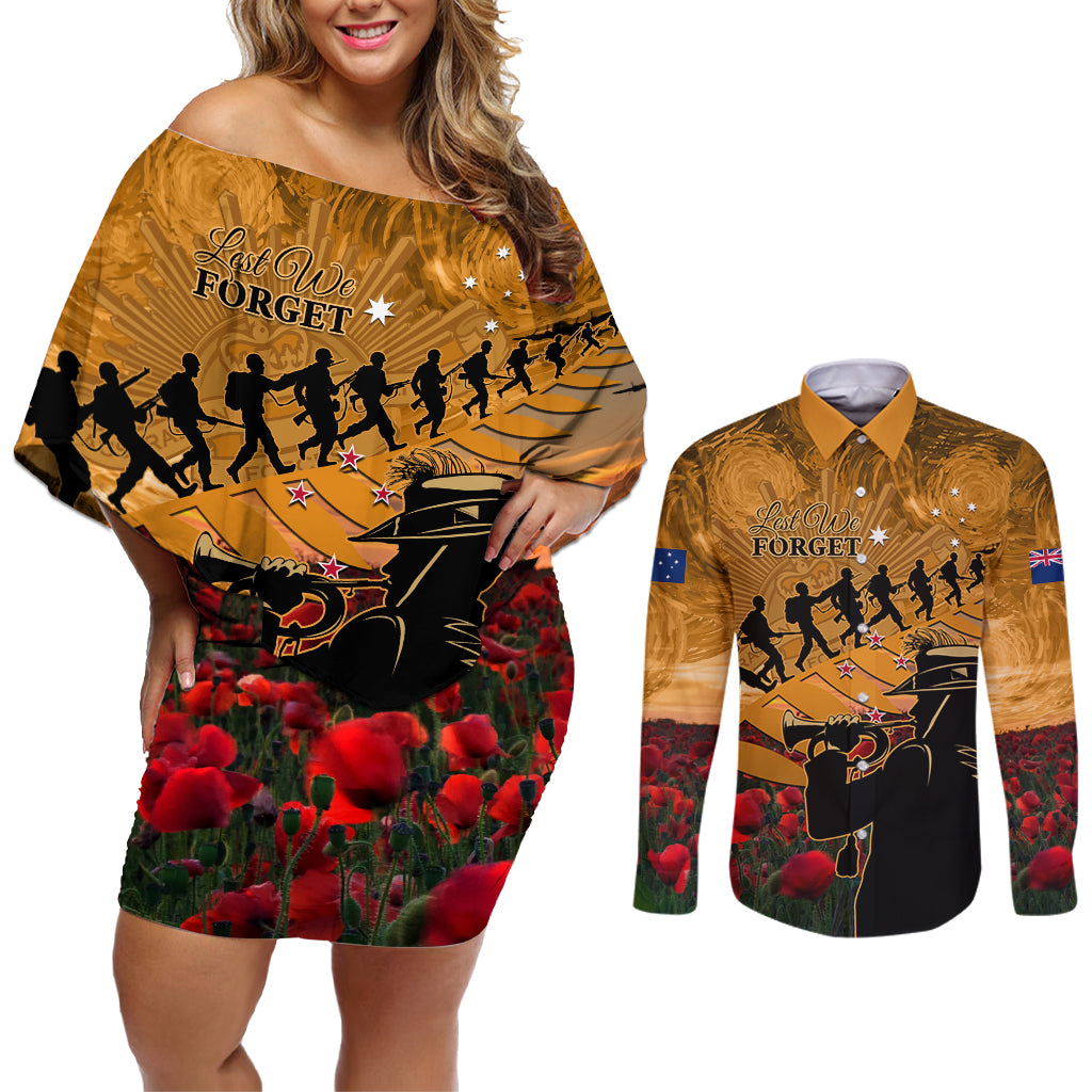 ANZAC Day 2024 Couples Matching Off Shoulder Short Dress and Long Sleeve Button Shirt Silver Fern With A Trumpet Soldier LT01 Art - Polynesian Pride