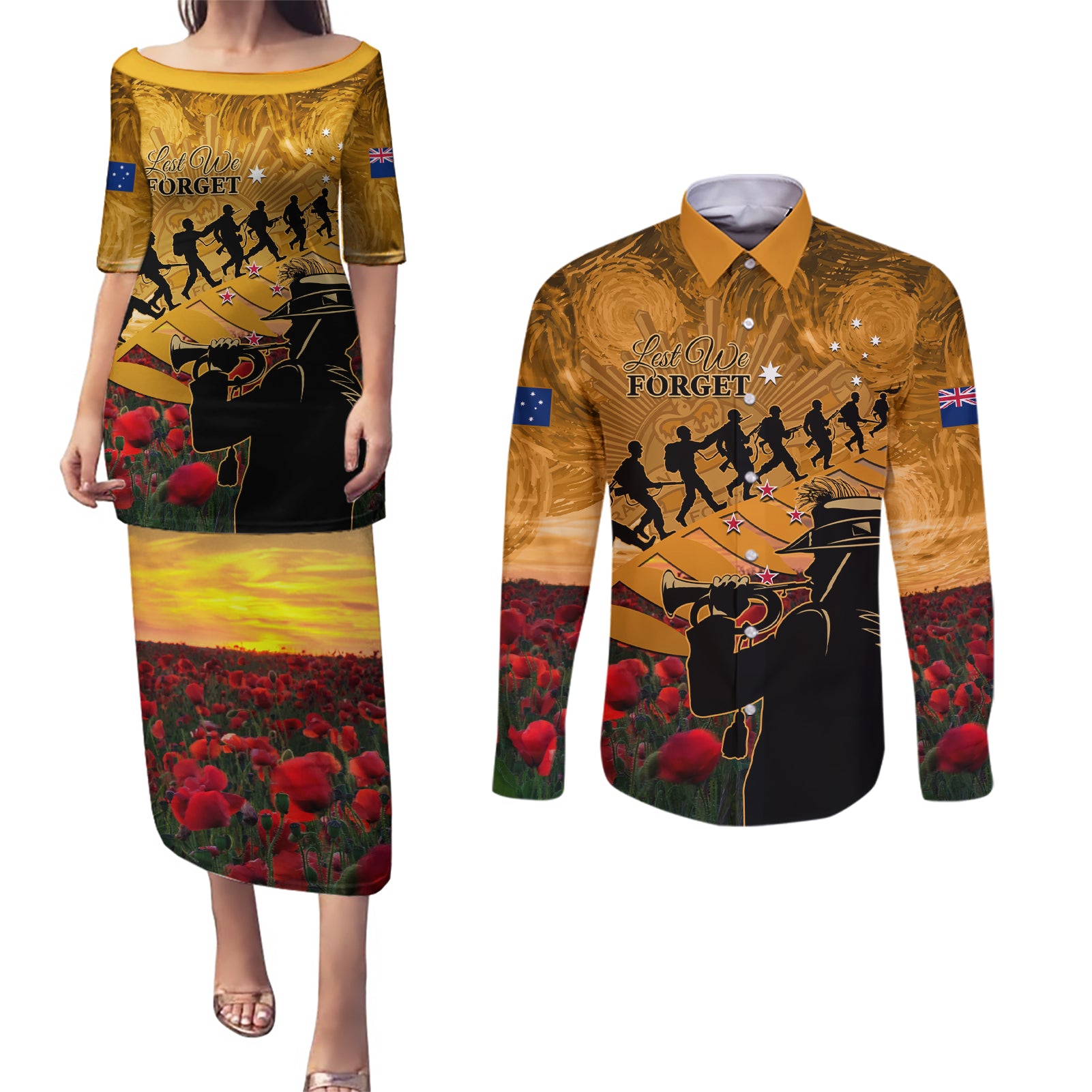 ANZAC Day 2024 Couples Matching Puletasi and Long Sleeve Button Shirt Silver Fern With A Trumpet Soldier LT01 Art - Polynesian Pride