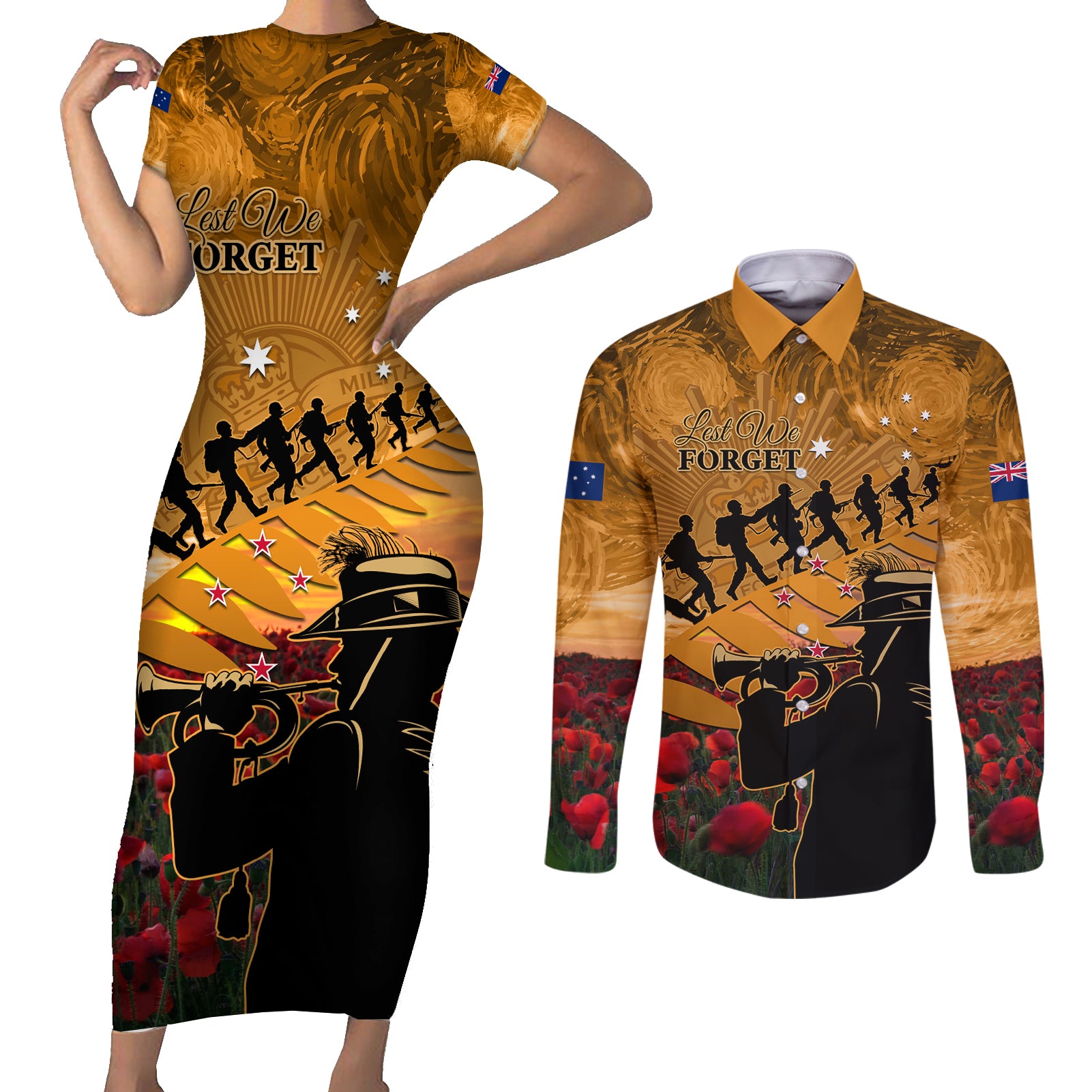 ANZAC Day 2024 Couples Matching Short Sleeve Bodycon Dress and Long Sleeve Button Shirt Silver Fern With A Trumpet Soldier LT01 Art - Polynesian Pride