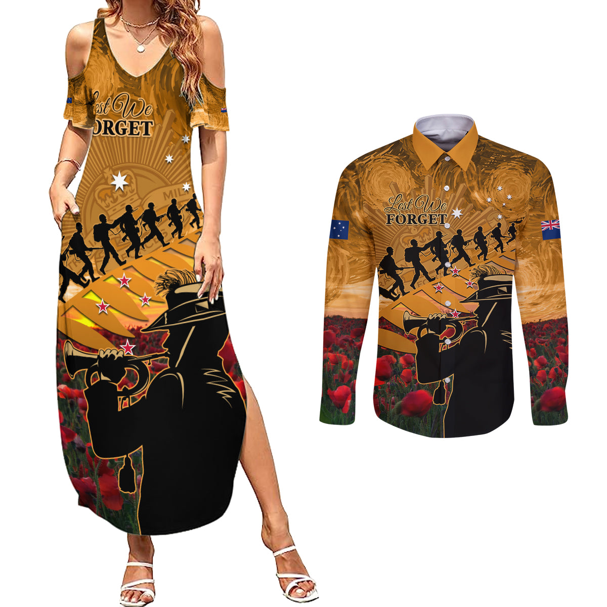 ANZAC Day 2024 Couples Matching Summer Maxi Dress and Long Sleeve Button Shirt Silver Fern With A Trumpet Soldier LT01 Art - Polynesian Pride