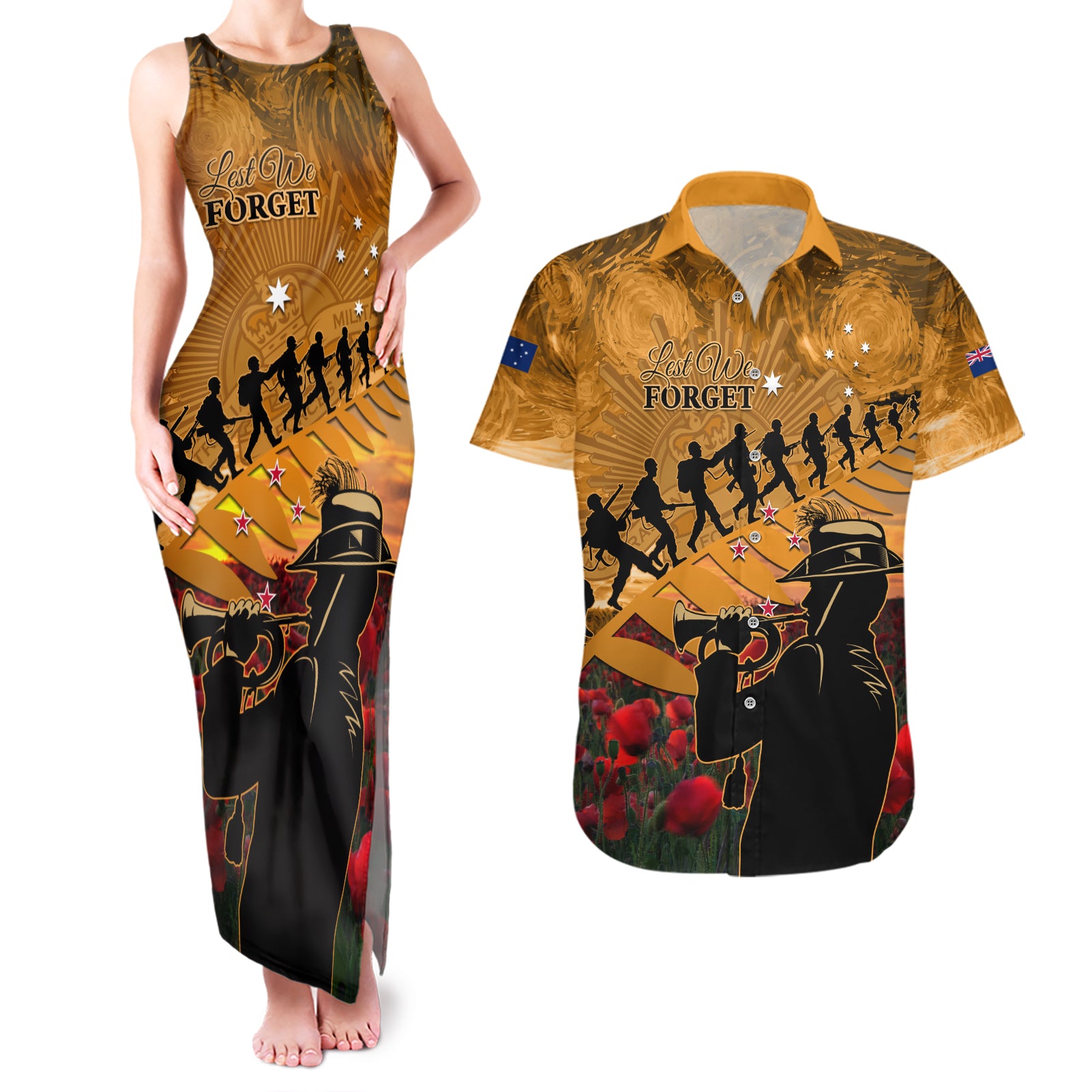 ANZAC Day 2024 Couples Matching Tank Maxi Dress and Hawaiian Shirt Silver Fern With A Trumpet Soldier LT01 Art - Polynesian Pride