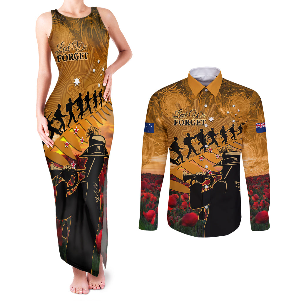 ANZAC Day 2024 Couples Matching Tank Maxi Dress and Long Sleeve Button Shirt Silver Fern With A Trumpet Soldier LT01 Art - Polynesian Pride