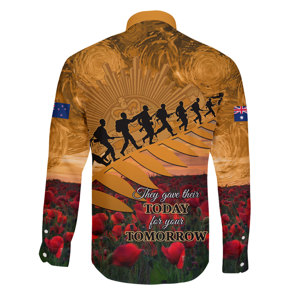 ANZAC Day 2024 Family Matching Off Shoulder Long Sleeve Dress and Hawaiian Shirt Silver Fern With A Trumpet Soldier LT01 - Polynesian Pride