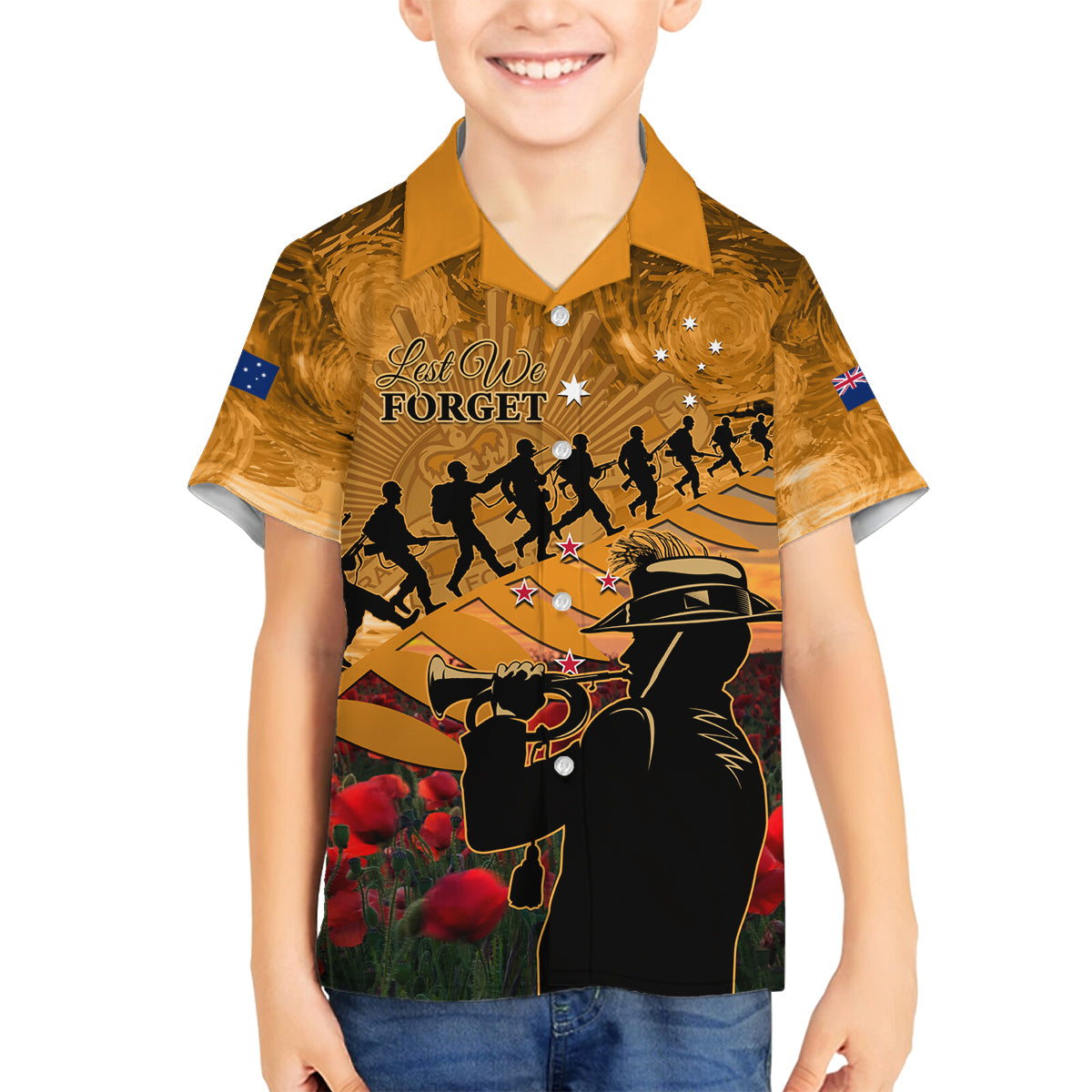 ANZAC Day 2024 Family Matching Off Shoulder Long Sleeve Dress and Hawaiian Shirt Silver Fern With A Trumpet Soldier LT01 Son's Shirt Art - Polynesian Pride