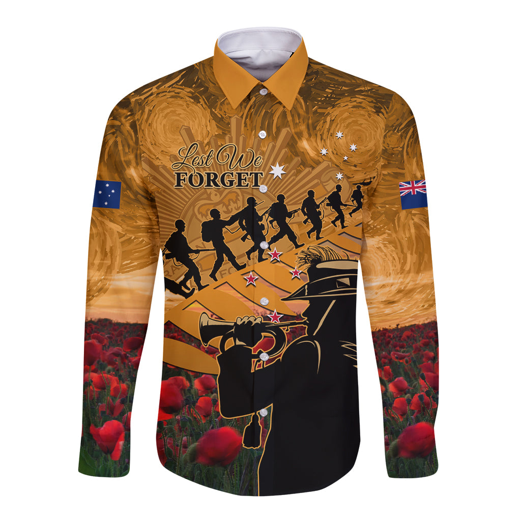 ANZAC Day 2024 Long Sleeve Button Shirt Silver Fern With A Trumpet Soldier LT01 Unisex Art - Polynesian Pride