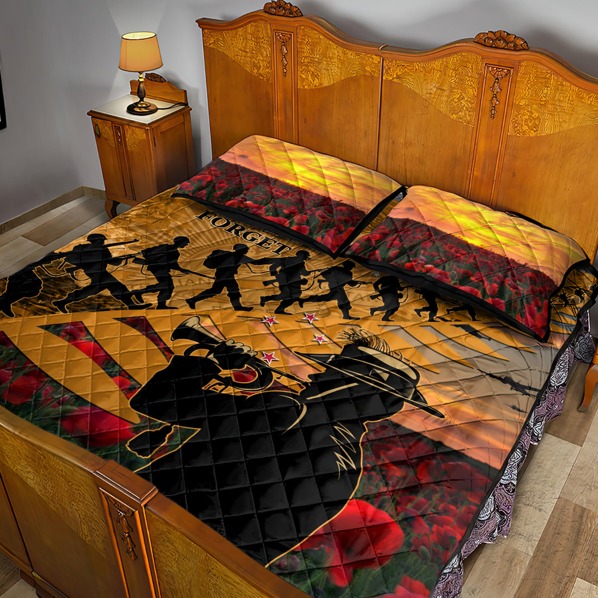 ANZAC Day 2024 Quilt Bed Set Silver Fern With A Trumpet Soldier