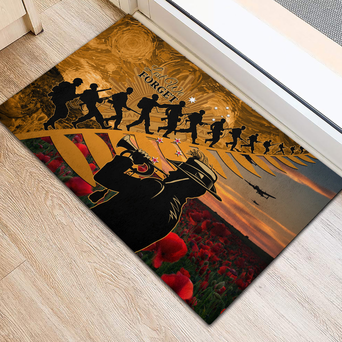 ANZAC Day 2024 Rubber Doormat Silver Fern With A Trumpet Soldier LT01 - Polynesian Pride