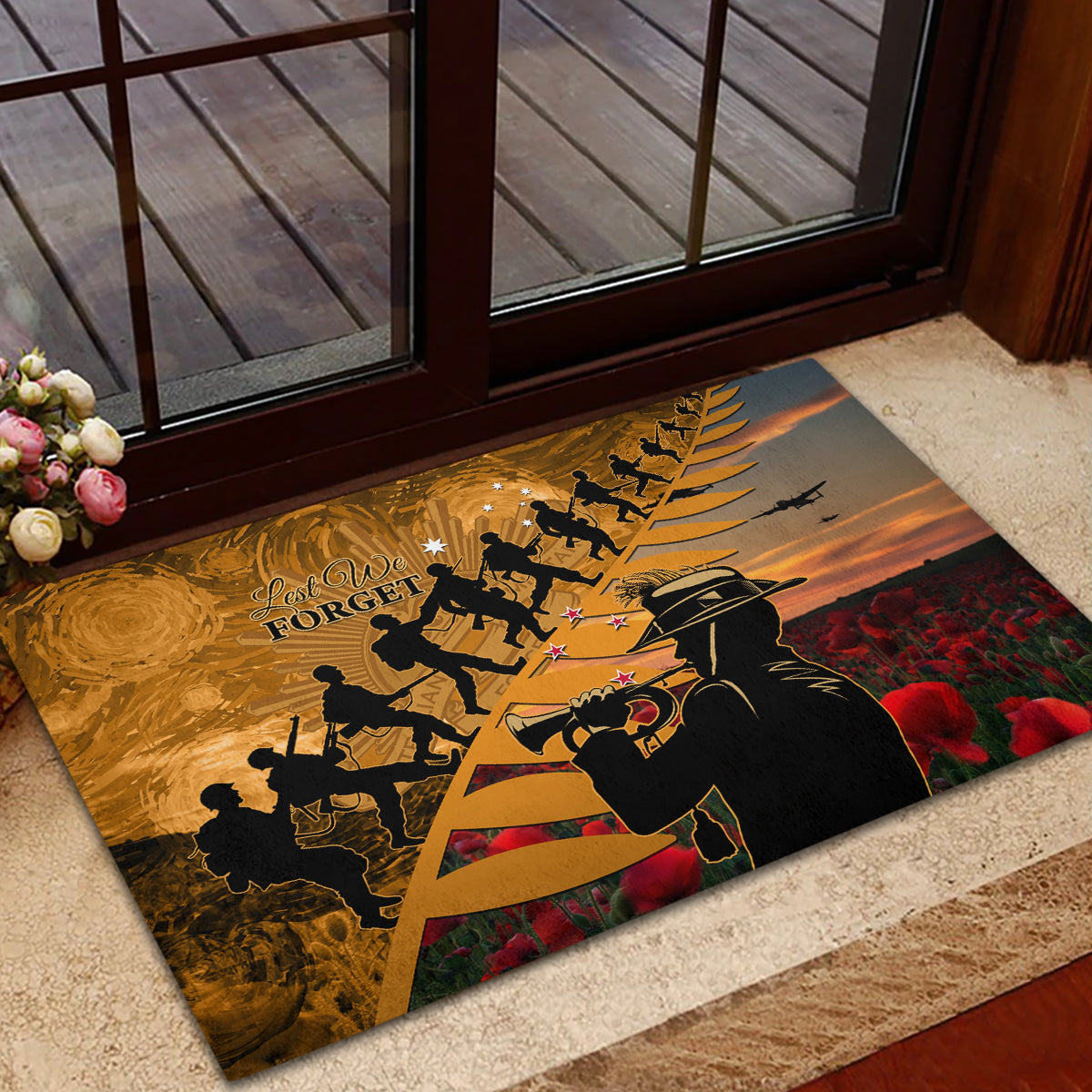 ANZAC Day 2024 Rubber Doormat Silver Fern With A Trumpet Soldier LT01 - Polynesian Pride