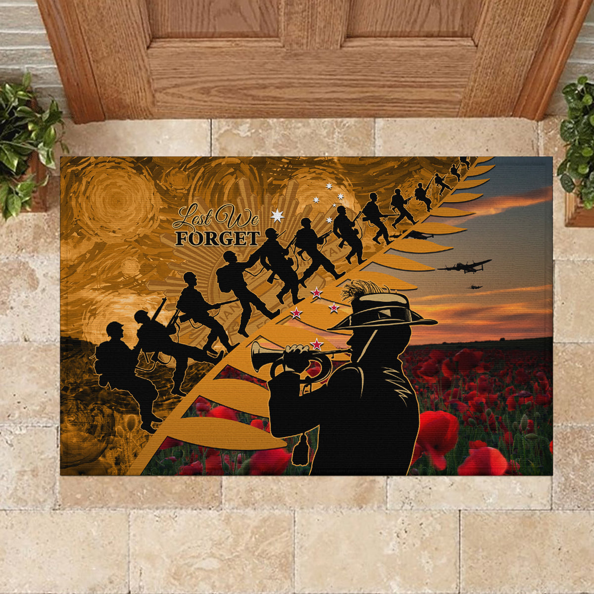 ANZAC Day 2024 Rubber Doormat Silver Fern With A Trumpet Soldier LT01 - Polynesian Pride
