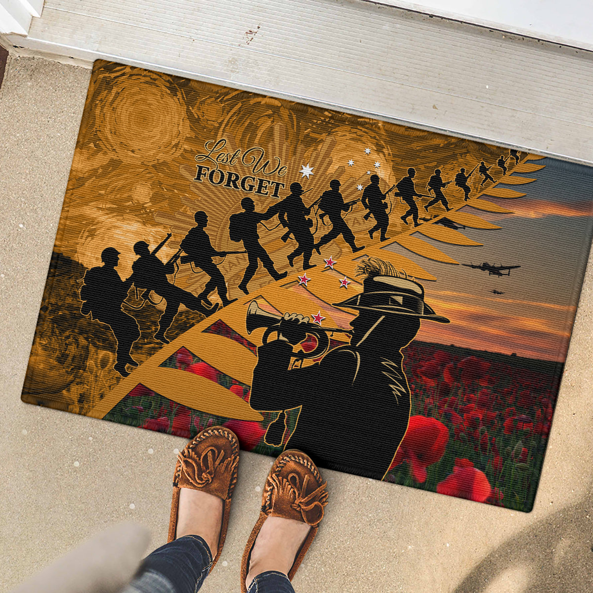 ANZAC Day 2024 Rubber Doormat Silver Fern With A Trumpet Soldier LT01 - Polynesian Pride