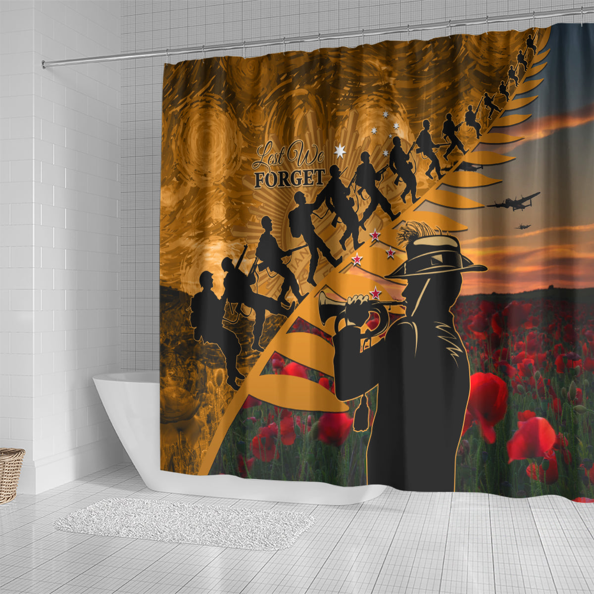 ANZAC Day 2024 Shower Curtain Silver Fern With A Trumpet Soldier