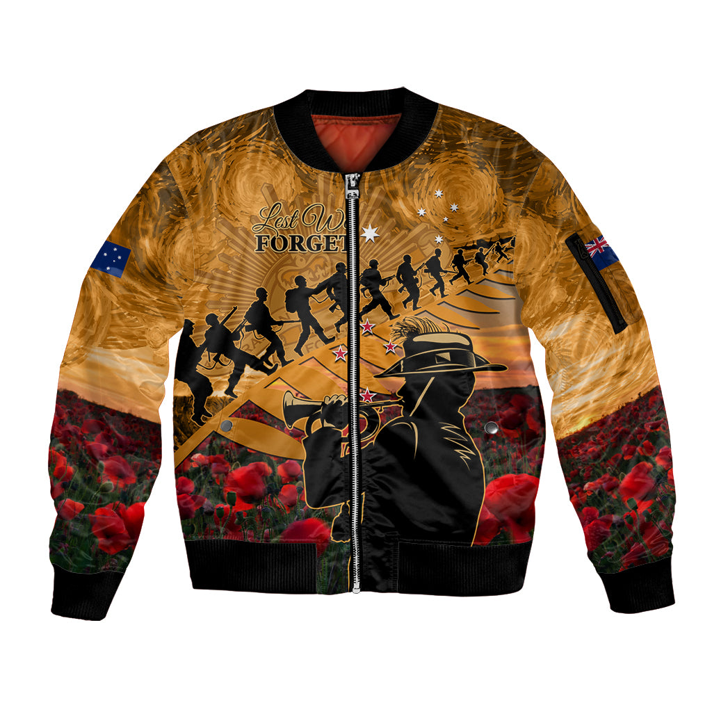 ANZAC Day 2024 Sleeve Zip Bomber Jacket Silver Fern With A Trumpet Soldier LT01 Unisex Art - Polynesian Pride