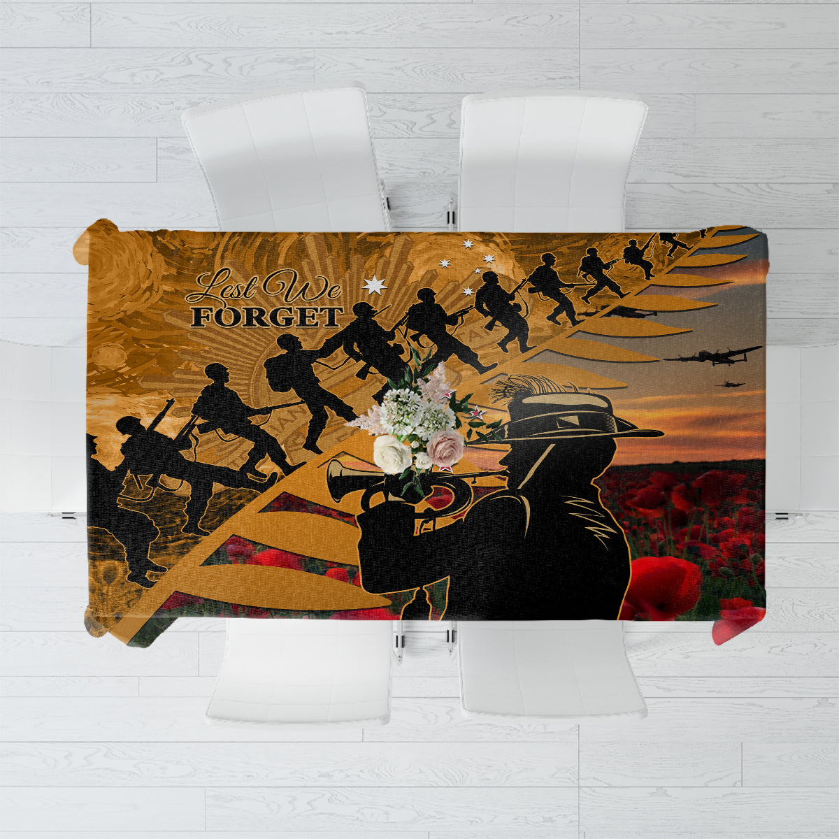 ANZAC Day 2024 Tablecloth Silver Fern With A Trumpet Soldier