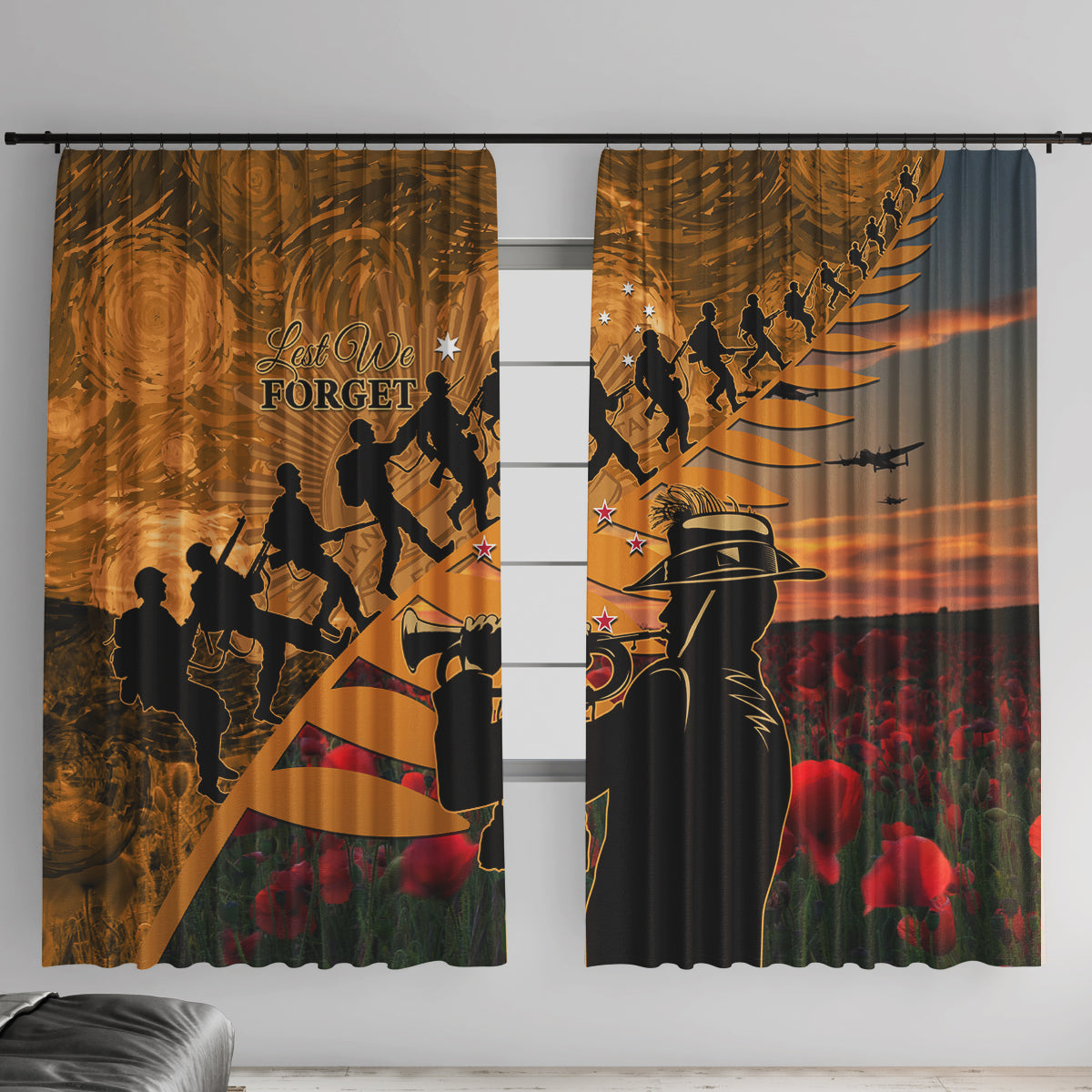 ANZAC Day 2024 Window Curtain Silver Fern With A Trumpet Soldier