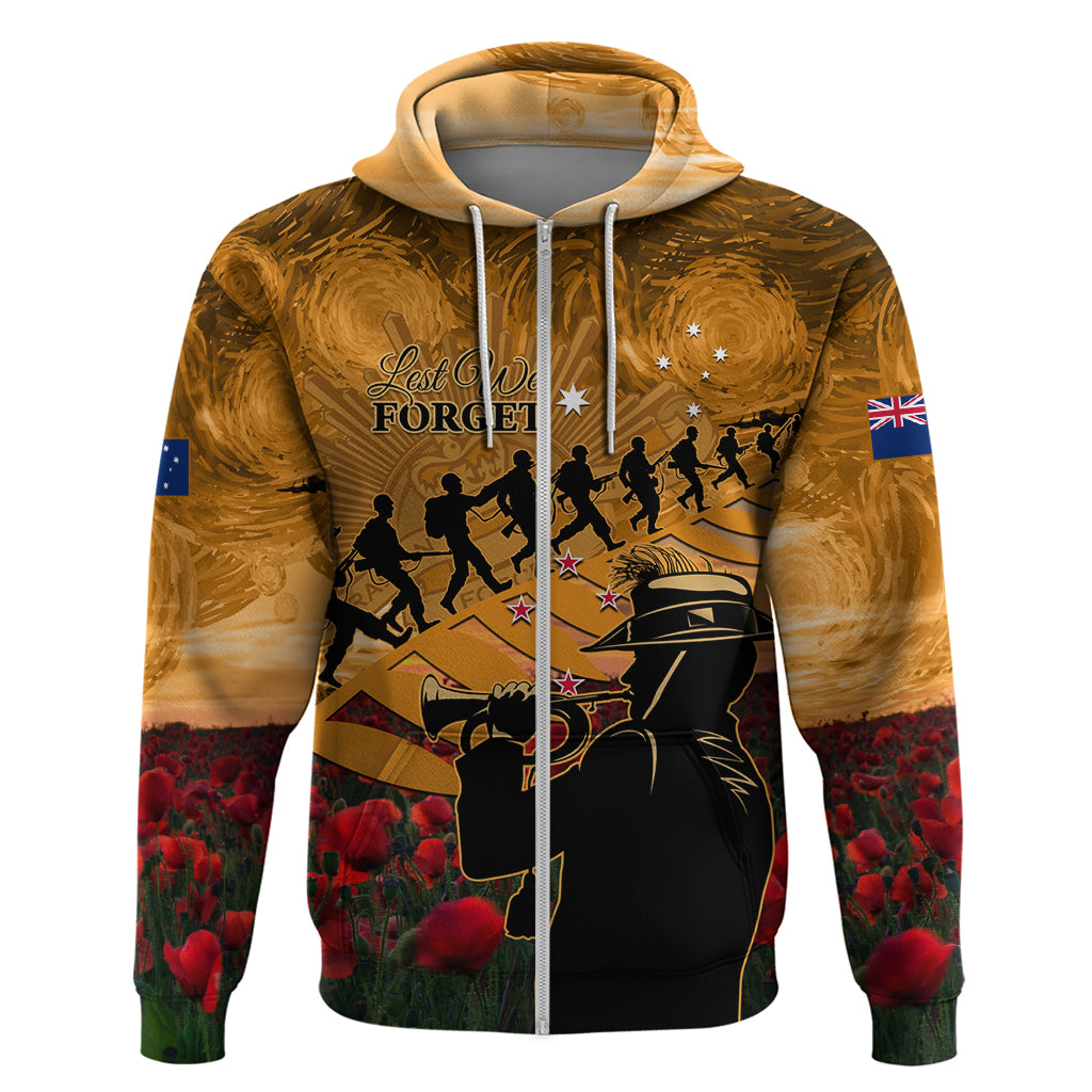 ANZAC Day 2024 Zip Hoodie Silver Fern With A Trumpet Soldier LT01 Zip Hoodie Art - Polynesian Pride