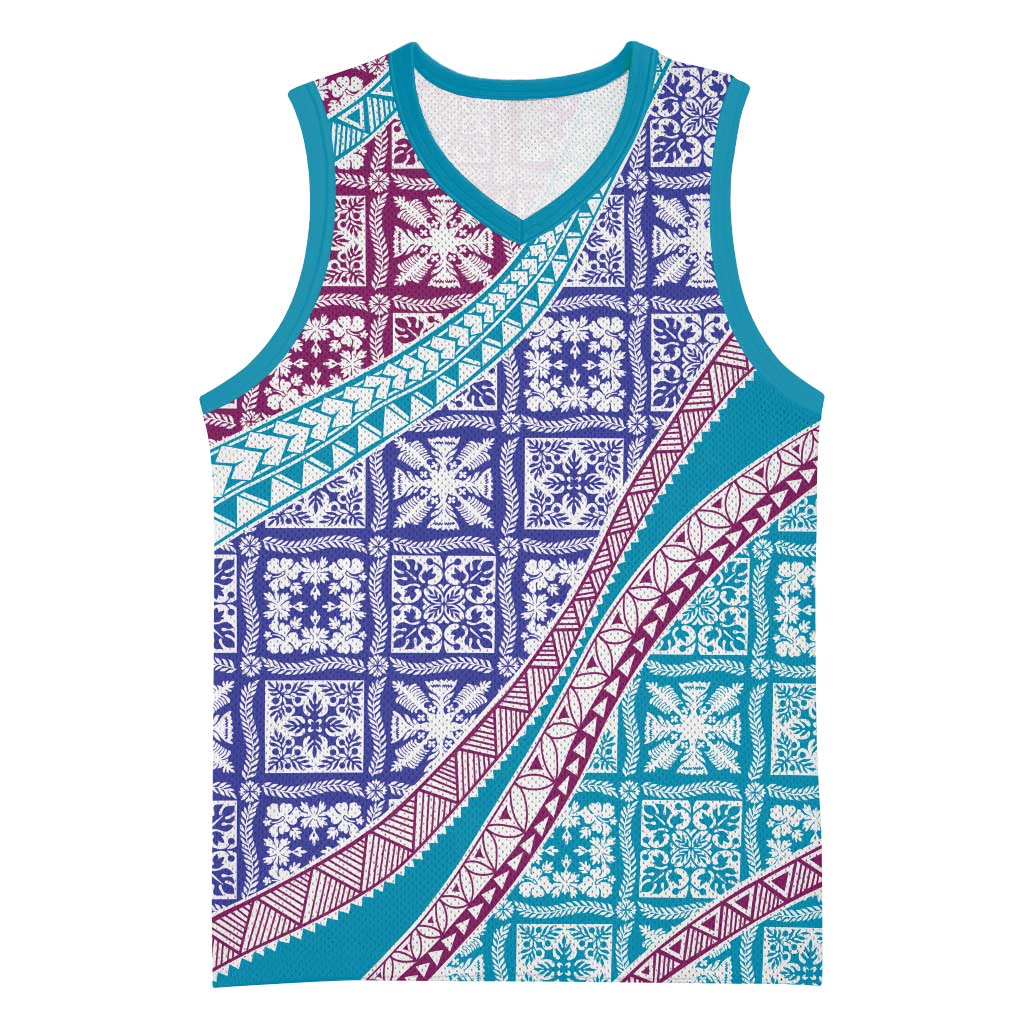 Hawaiian Quilt Pattern Basketball Jersey Purple Blue Color Mixed - Polynesian Pride