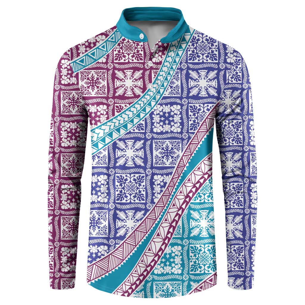 Hawaiian Quilt Pattern Button Sweatshirt Purple Blue Color Mixed - Polynesian Pride