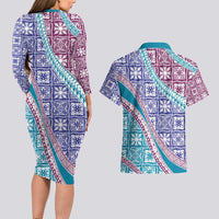 Hawaiian Quilt Pattern Couples Matching Long Sleeve Bodycon Dress and Hawaiian Shirt Purple Blue Color Mixed - Polynesian Pride