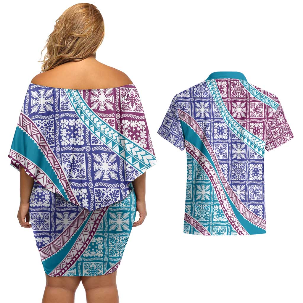 Hawaiian Quilt Pattern Couples Matching Off Shoulder Short Dress and Hawaiian Shirt Purple Blue Color Mixed - Polynesian Pride