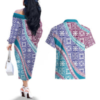 Hawaiian Quilt Pattern Couples Matching Off The Shoulder Long Sleeve Dress and Hawaiian Shirt Purple Blue Color Mixed - Polynesian Pride