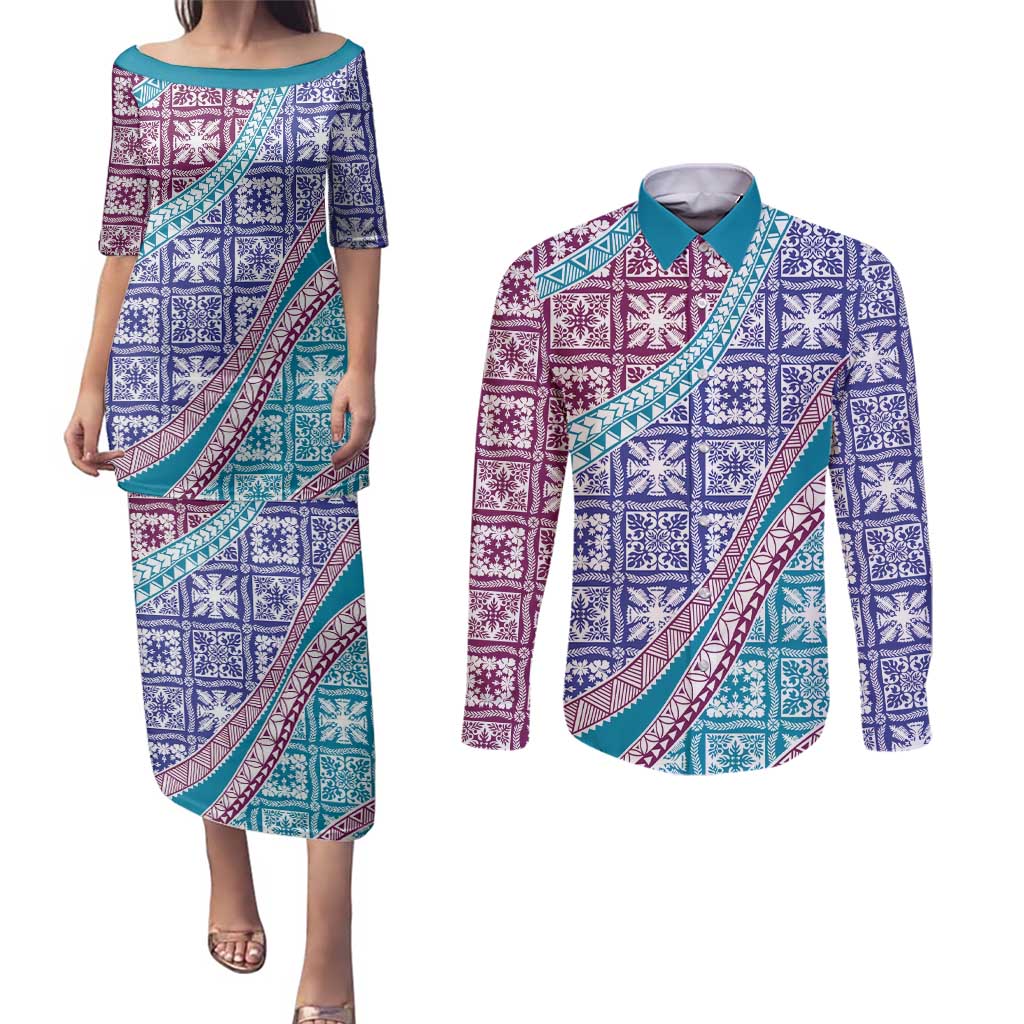 Hawaiian Quilt Pattern Couples Matching Puletasi and Long Sleeve Button Shirt Purple Blue Color Mixed - Polynesian Pride