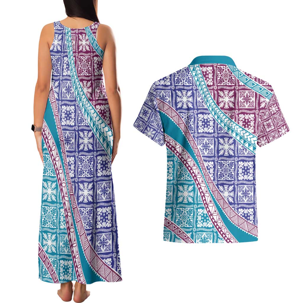Hawaiian Quilt Pattern Couples Matching Tank Maxi Dress and Hawaiian Shirt Purple Blue Color Mixed - Polynesian Pride