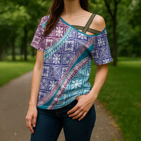 Hawaiian Quilt Pattern Cross Shoulder Shirt Purple Blue Color Mixed - Polynesian Pride