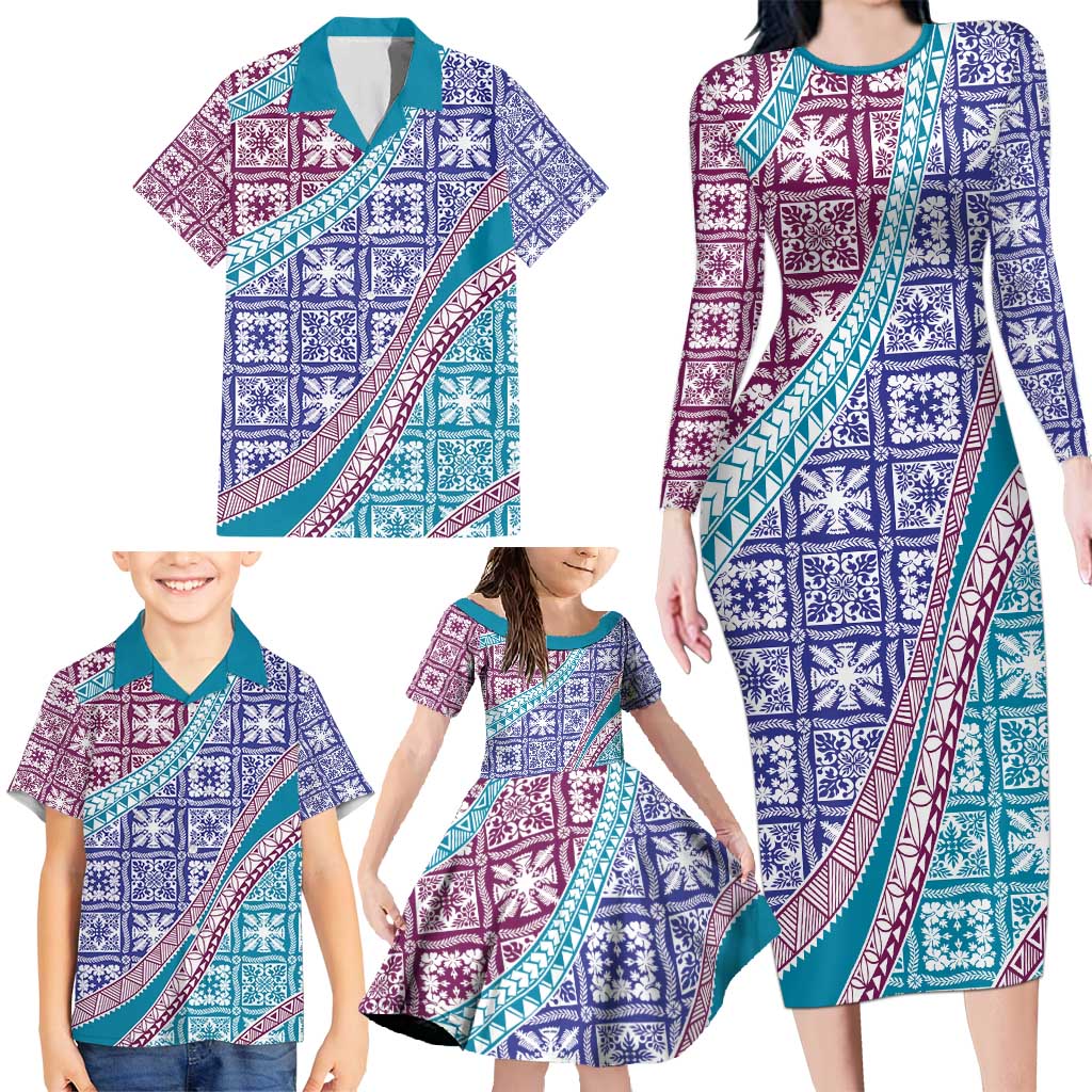 Hawaiian Quilt Pattern Family Matching Long Sleeve Bodycon Dress and Hawaiian Shirt Purple Blue Color Mixed - Polynesian Pride