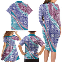 Hawaiian Quilt Pattern Family Matching Long Sleeve Bodycon Dress and Hawaiian Shirt Purple Blue Color Mixed - Polynesian Pride