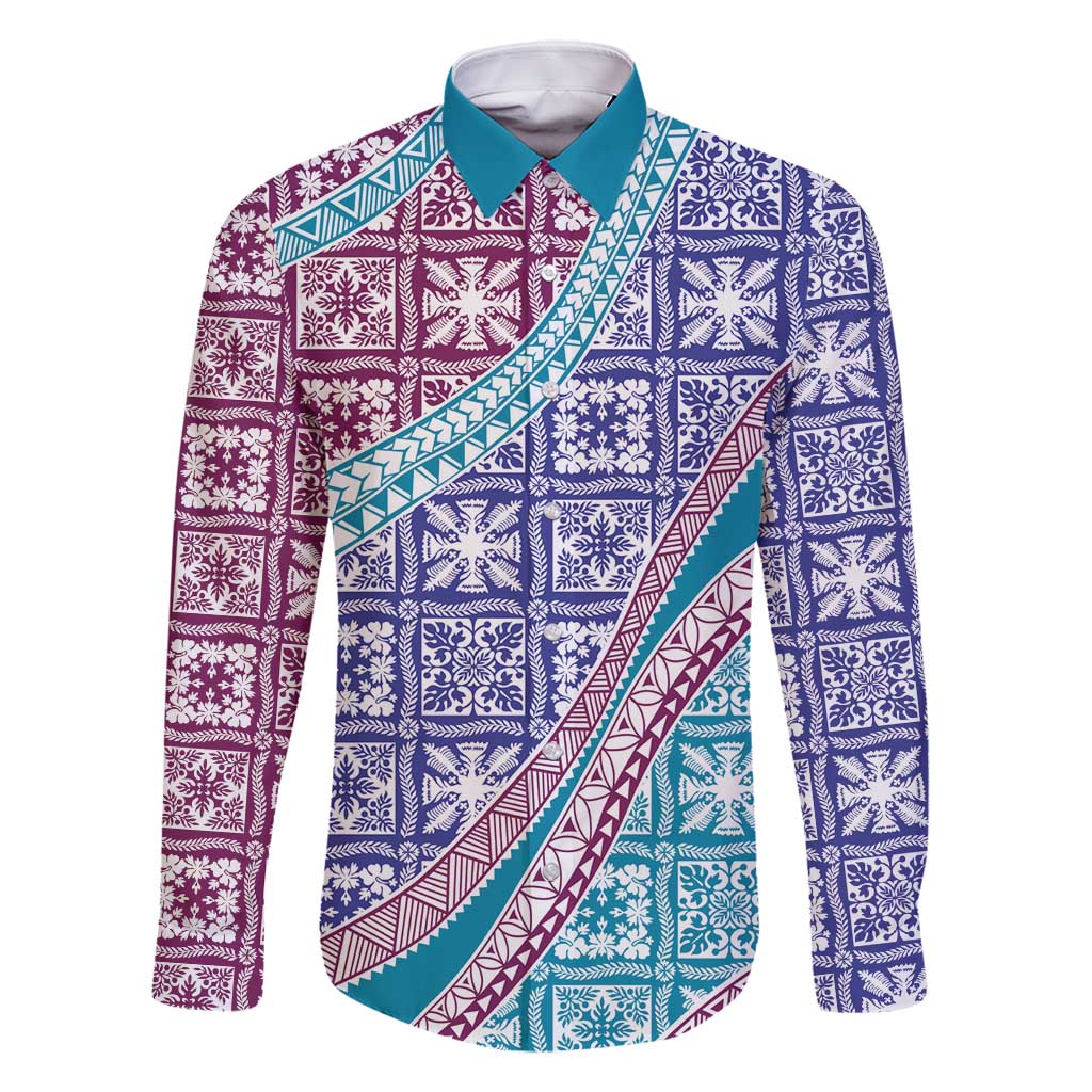 Hawaiian Quilt Pattern Family Matching Long Sleeve Bodycon Dress and Hawaiian Shirt Purple Blue Color Mixed - Polynesian Pride