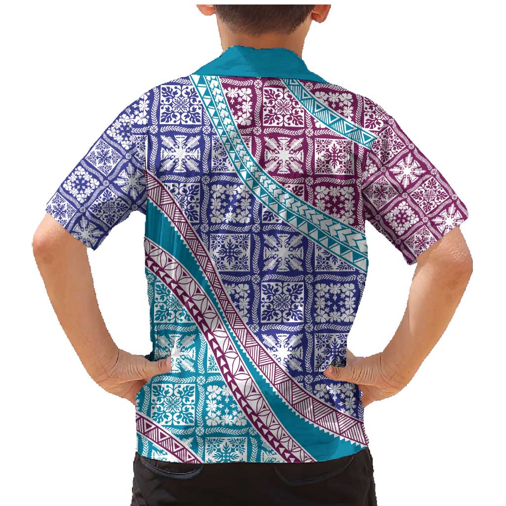 Hawaiian Quilt Pattern Family Matching Mermaid Dress and Hawaiian Shirt Purple Blue Color Mixed - Polynesian Pride