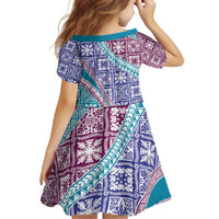 Hawaiian Quilt Pattern Family Matching Mermaid Dress and Hawaiian Shirt Purple Blue Color Mixed - Polynesian Pride