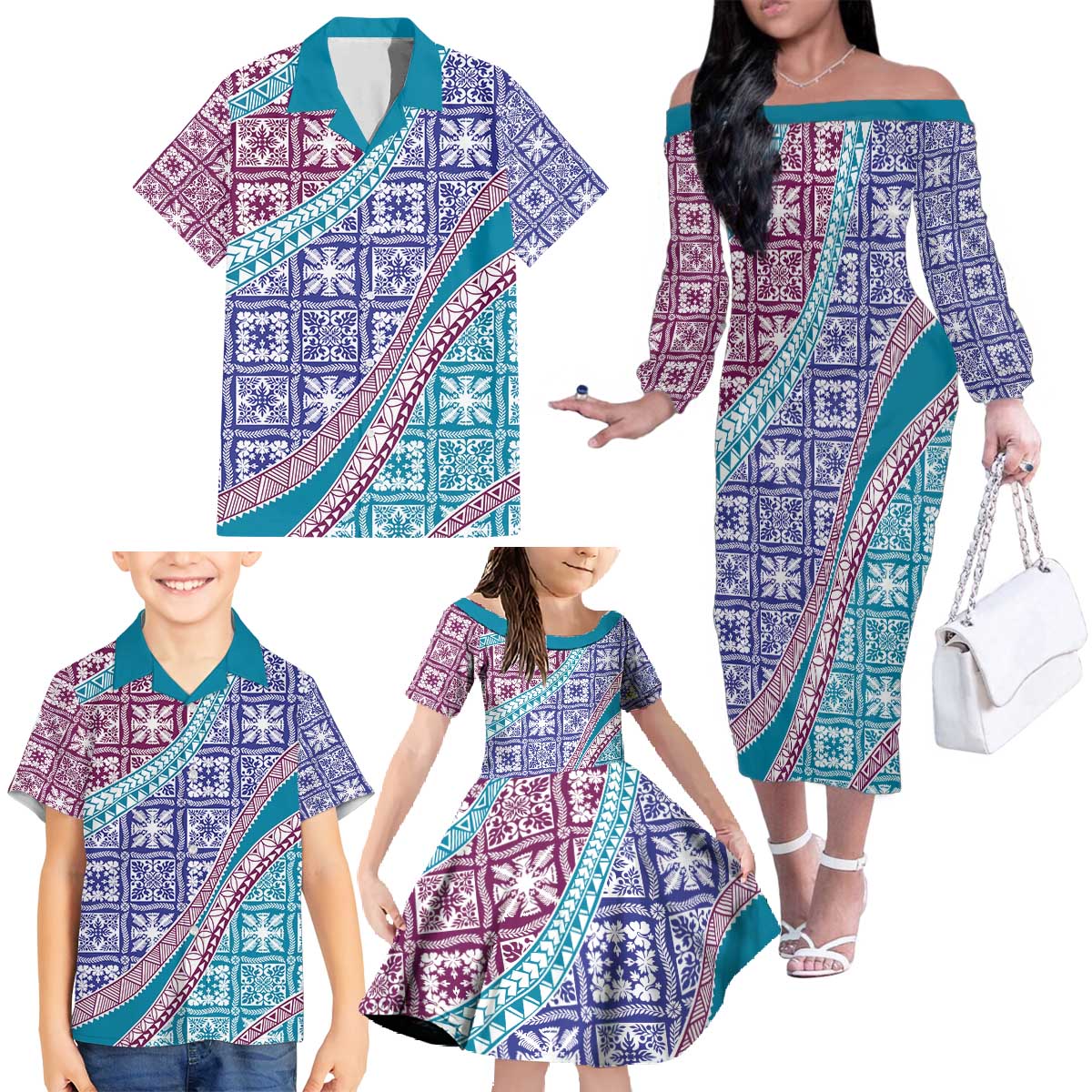 Hawaiian Quilt Pattern Family Matching Off The Shoulder Long Sleeve Dress and Hawaiian Shirt Purple Blue Color Mixed - Polynesian Pride