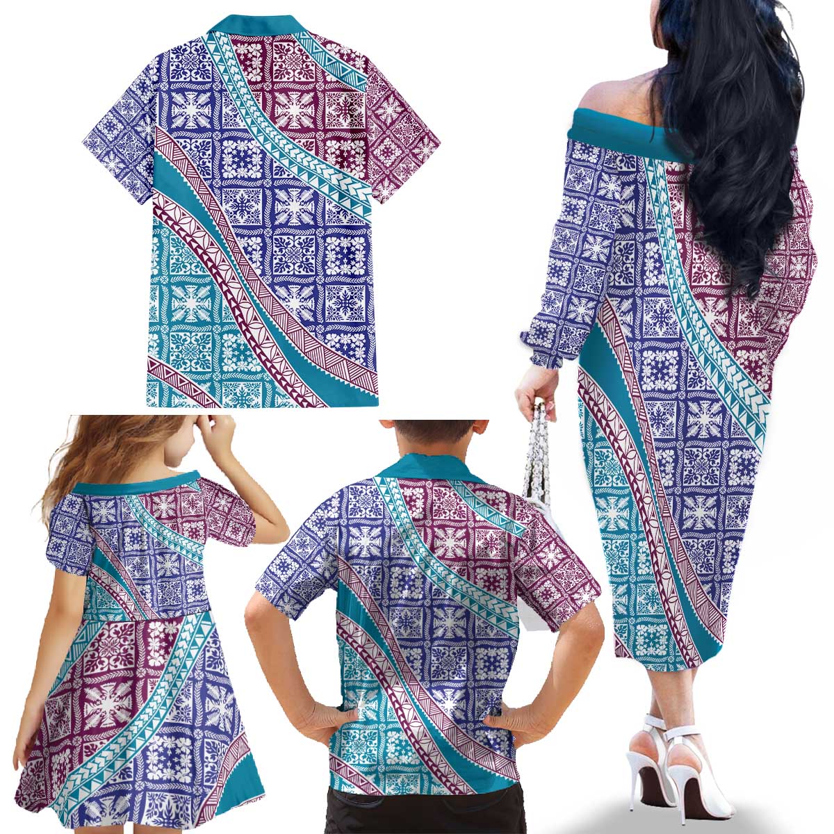 Hawaiian Quilt Pattern Family Matching Off The Shoulder Long Sleeve Dress and Hawaiian Shirt Purple Blue Color Mixed - Polynesian Pride