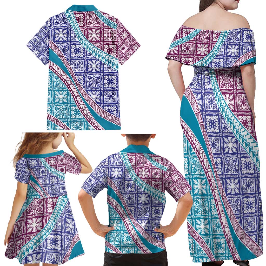 Hawaiian Quilt Pattern Family Matching Off Shoulder Maxi Dress and Hawaiian Shirt Purple Blue Color Mixed - Polynesian Pride