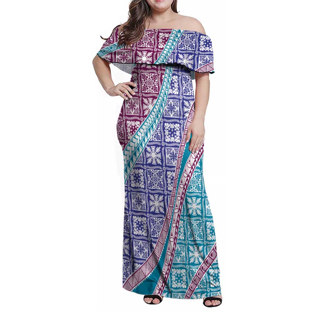 Hawaiian Quilt Pattern Family Matching Off Shoulder Maxi Dress and Hawaiian Shirt Purple Blue Color Mixed - Polynesian Pride