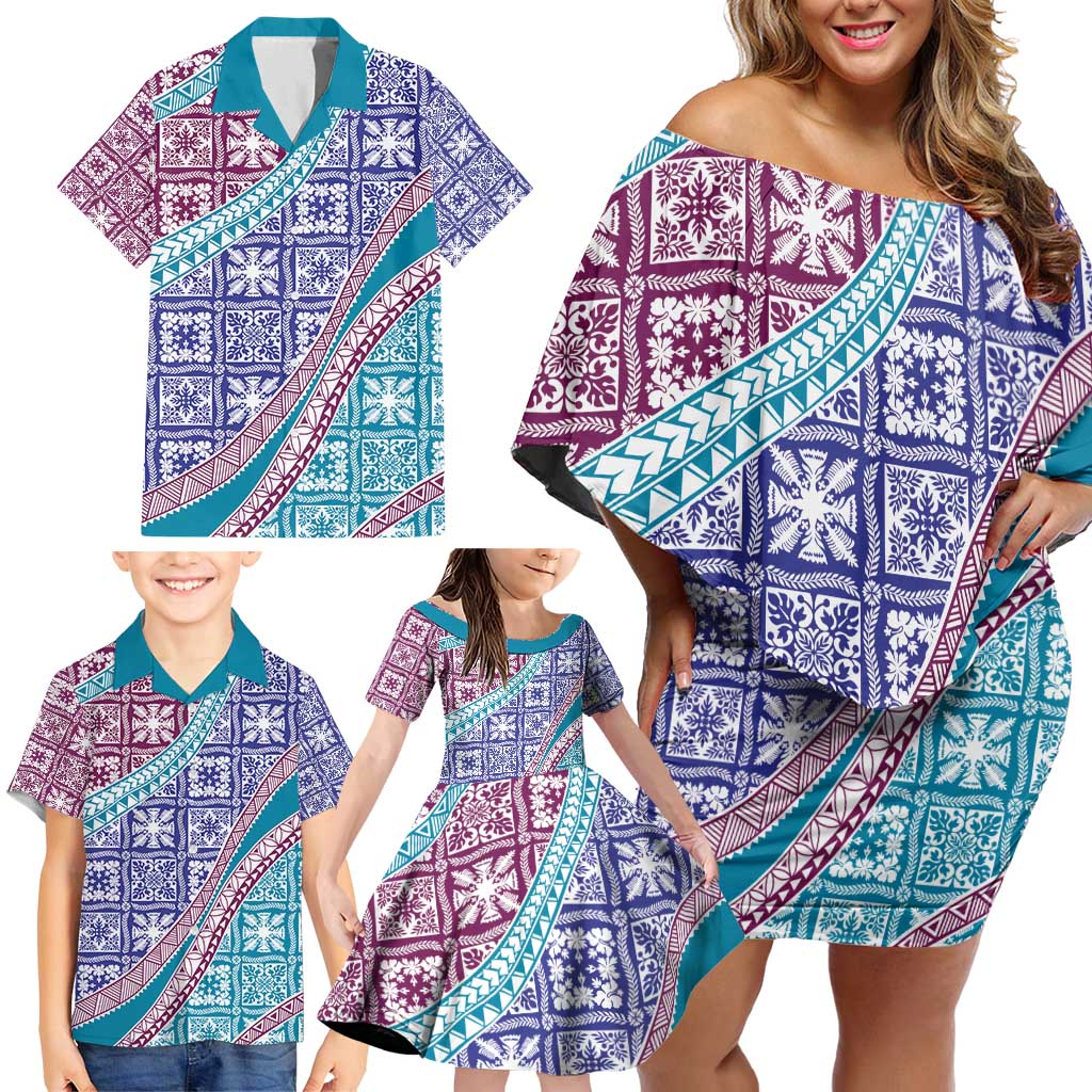 Hawaiian Quilt Pattern Family Matching Off Shoulder Short Dress and Hawaiian Shirt Purple Blue Color Mixed - Polynesian Pride