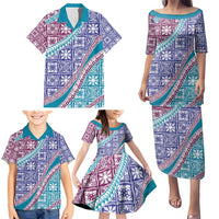 Hawaiian Quilt Pattern Family Matching Puletasi and Hawaiian Shirt Purple Blue Color Mixed - Polynesian Pride