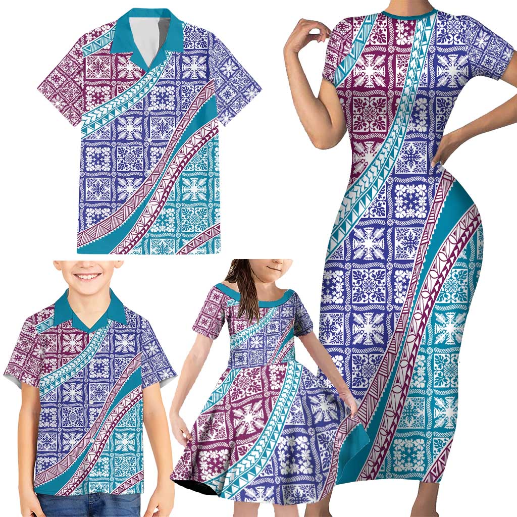 Hawaiian Quilt Pattern Family Matching Short Sleeve Bodycon Dress and Hawaiian Shirt Purple Blue Color Mixed - Polynesian Pride