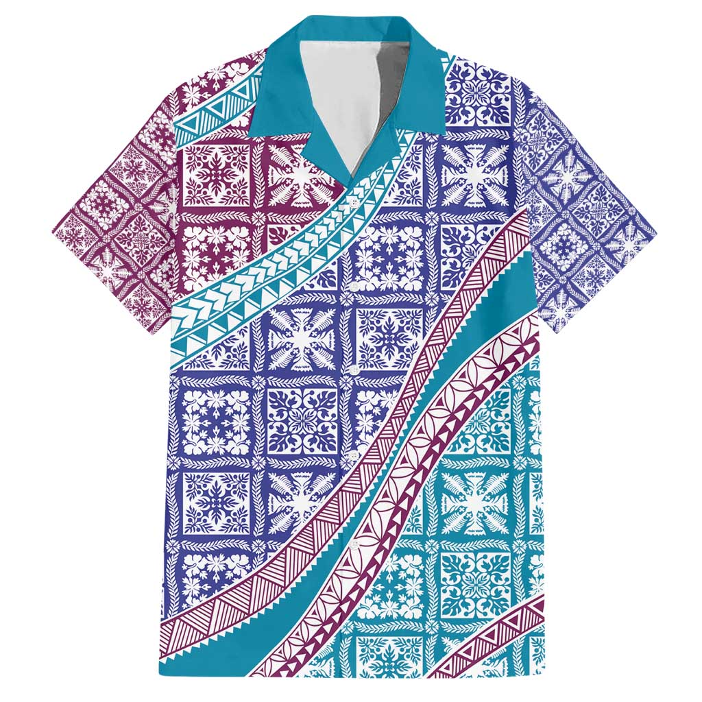Hawaiian Quilt Pattern Family Matching Short Sleeve Bodycon Dress and Hawaiian Shirt Purple Blue Color Mixed - Polynesian Pride