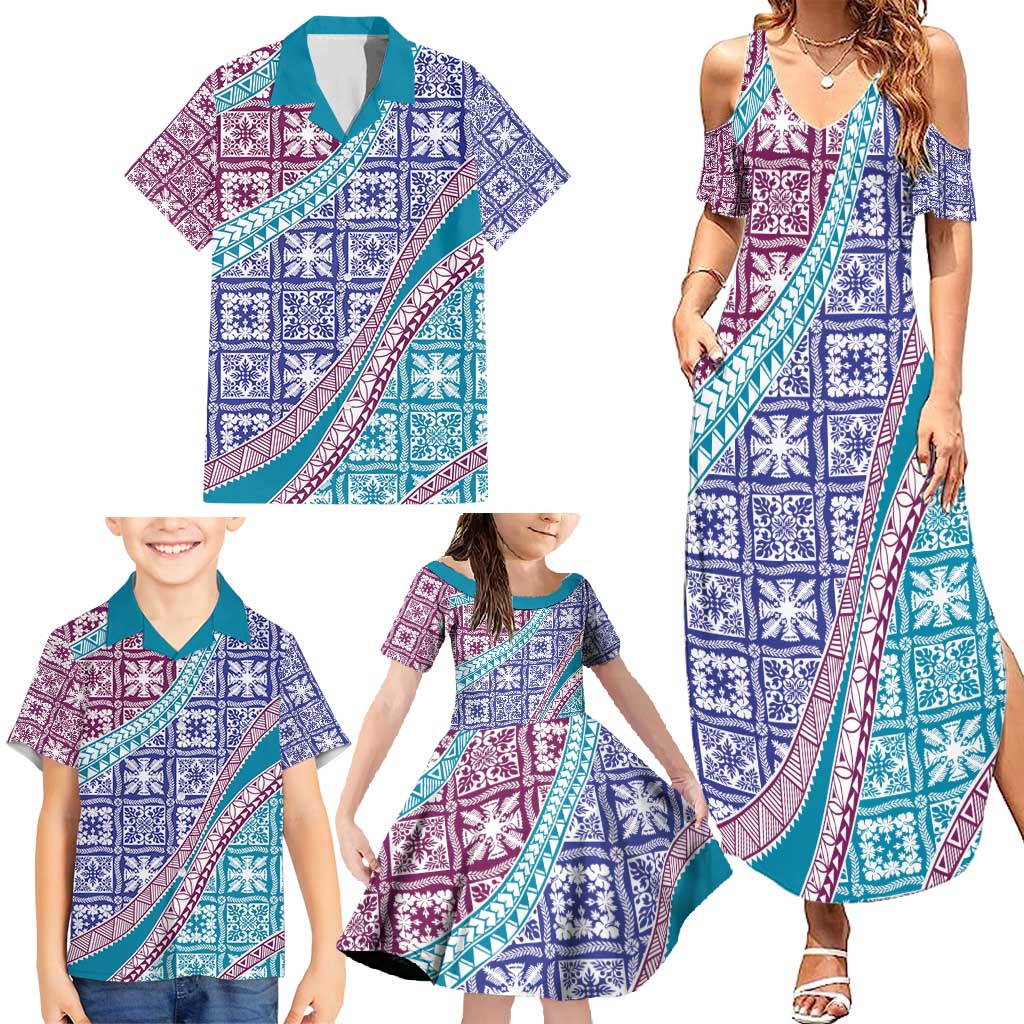 Hawaiian Quilt Pattern Family Matching Summer Maxi Dress and Hawaiian Shirt Purple Blue Color Mixed - Polynesian Pride