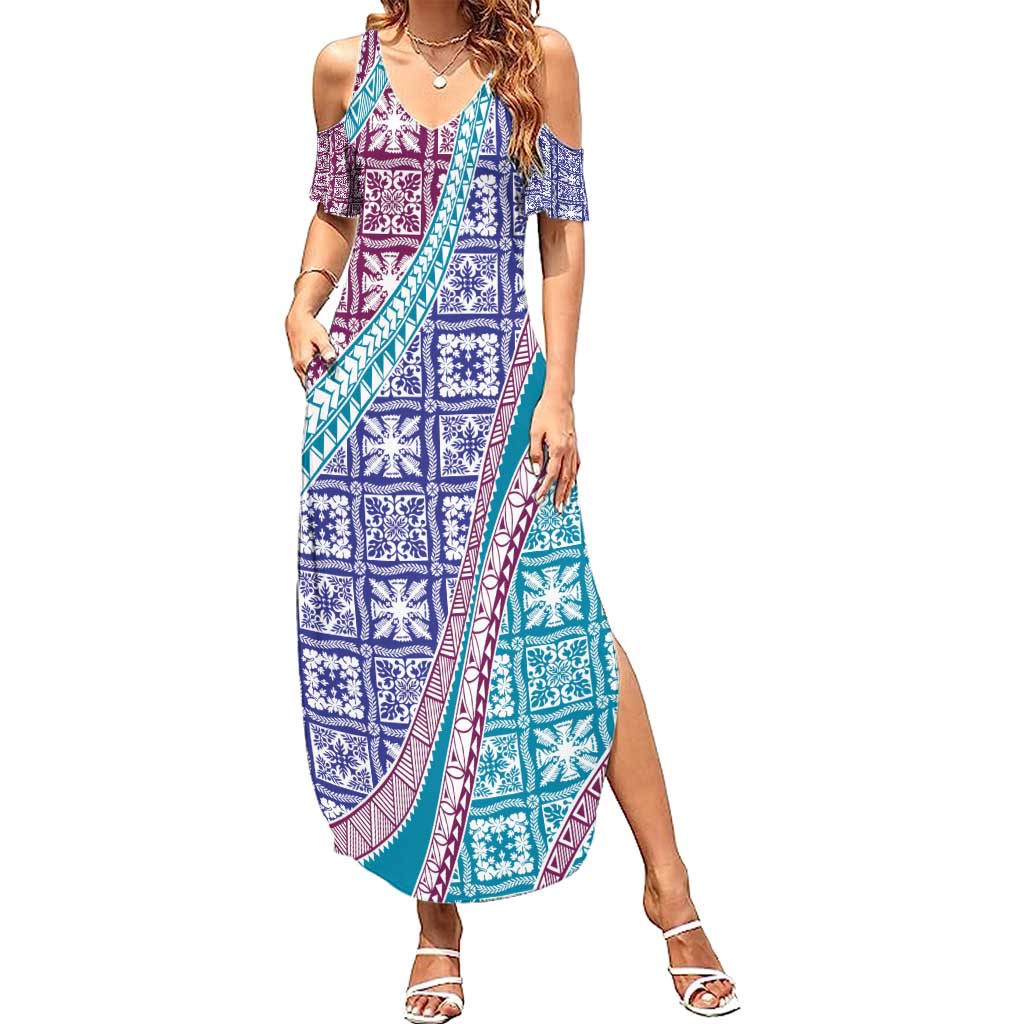 Hawaiian Quilt Pattern Family Matching Summer Maxi Dress and Hawaiian Shirt Purple Blue Color Mixed - Polynesian Pride