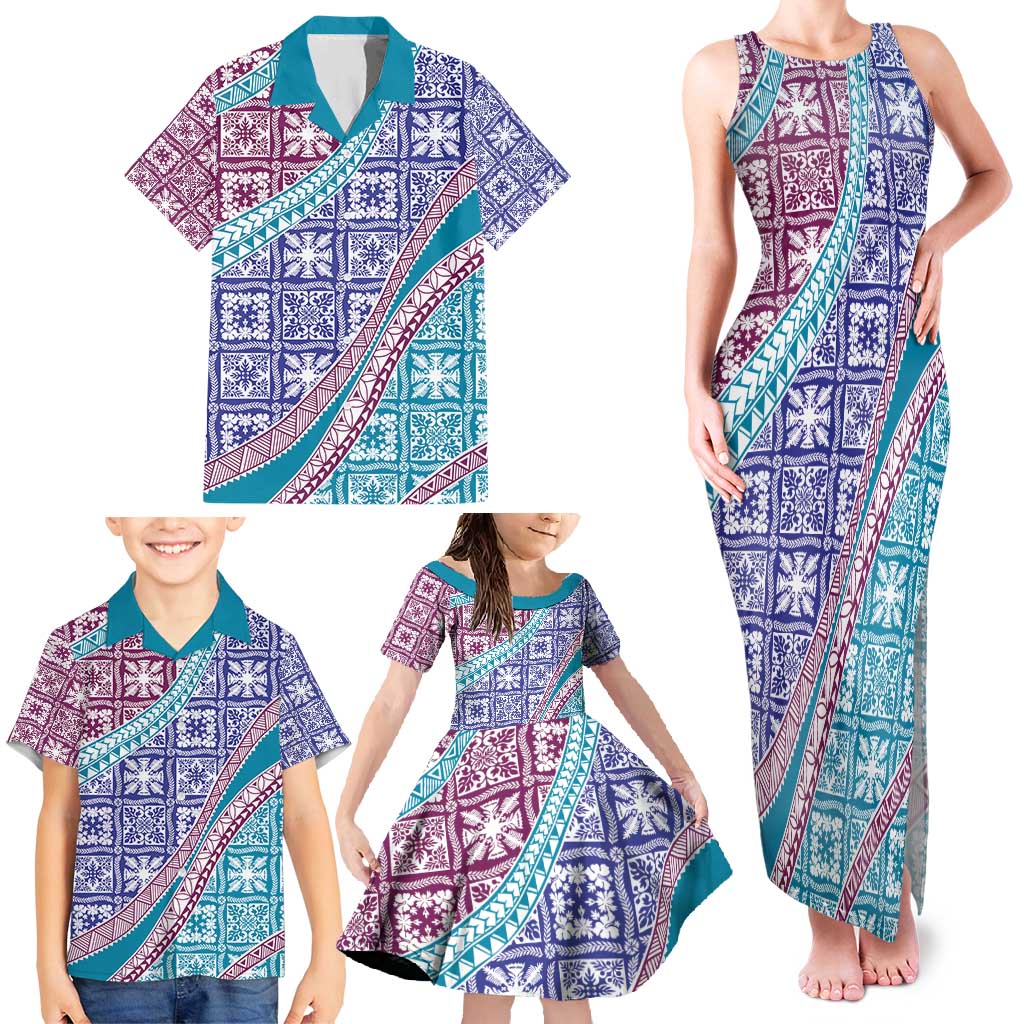Hawaiian Quilt Pattern Family Matching Tank Maxi Dress and Hawaiian Shirt Purple Blue Color Mixed - Polynesian Pride