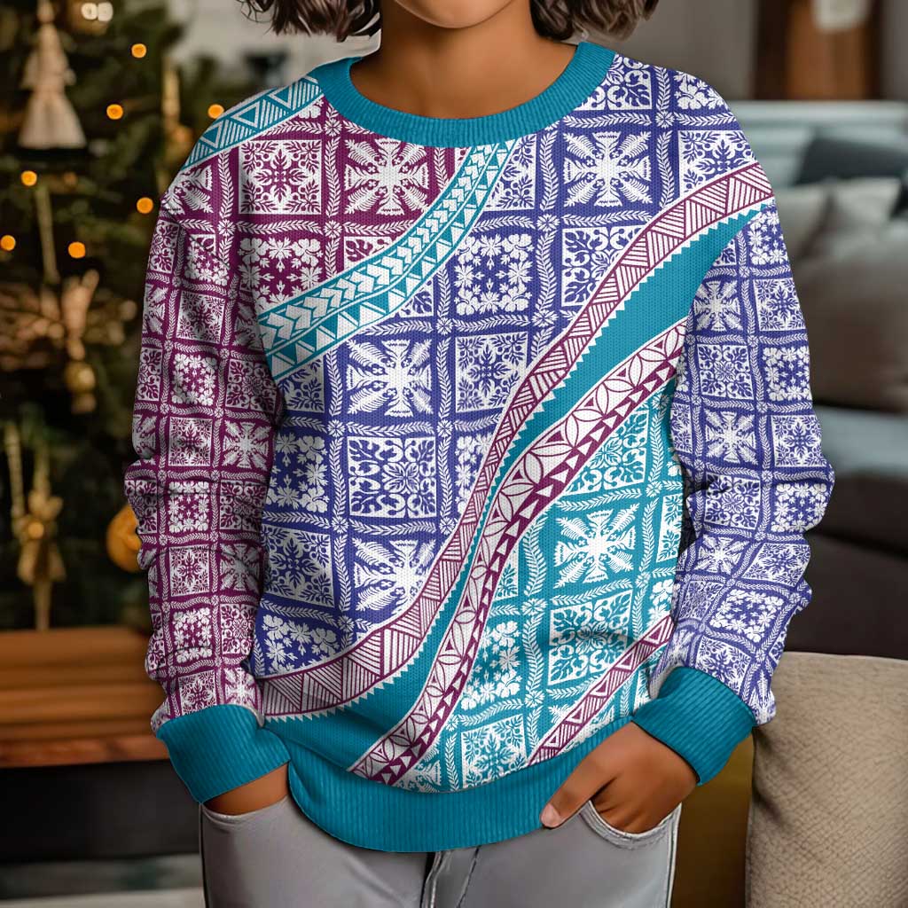Hawaiian Quilt Pattern Kid Ugly Christmas Sweater Purple Blue Color Mixed - Polynesian Pride