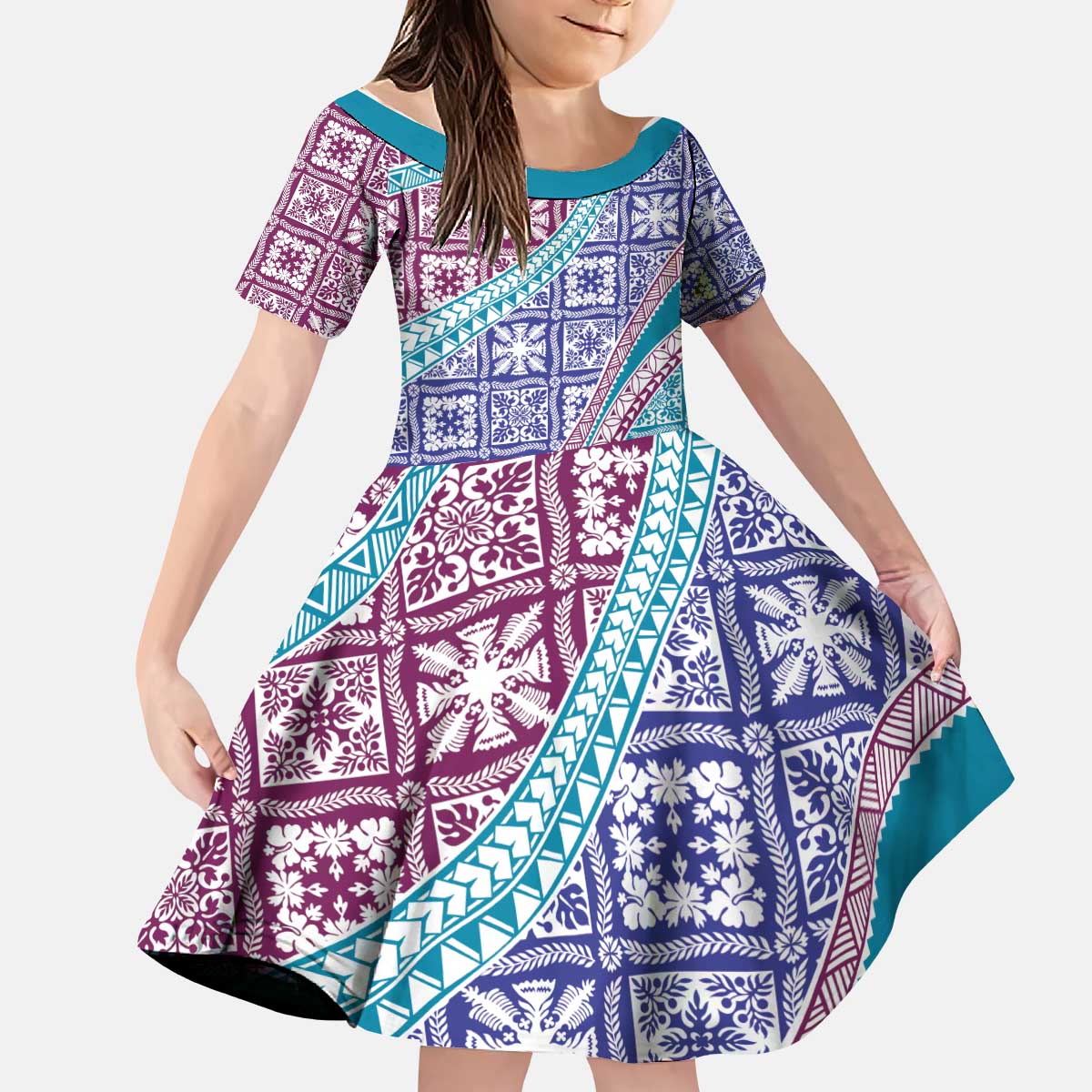 Hawaiian Quilt Pattern Kid Short Sleeve Dress Purple Blue Color Mixed - Polynesian Pride