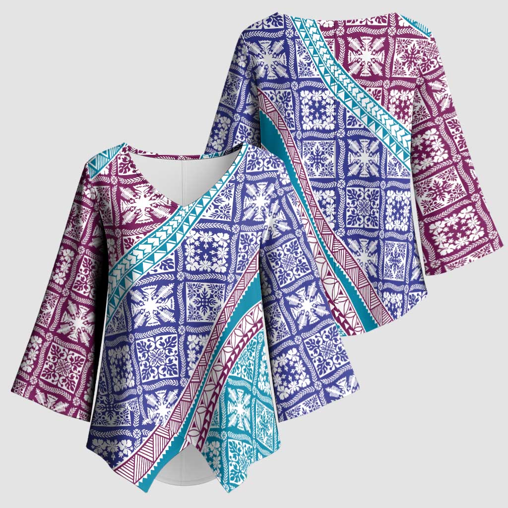 Hawaiian Quilt Pattern Kimono Sleeve Blouse Purple Blue Color Mixed - Polynesian Pride