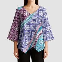 Hawaiian Quilt Pattern Kimono Sleeve Blouse Purple Blue Color Mixed - Polynesian Pride