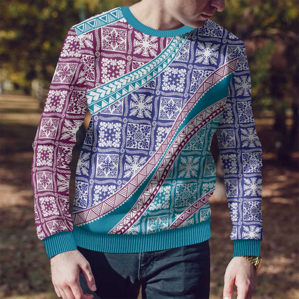 Hawaiian Quilt Pattern Ugly Christmas Sweater Purple Blue Color Mixed - Polynesian Pride