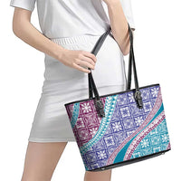 Hawaiian Quilt Pattern Leather Tote Bag Purple Blue Color Mixed - Polynesian Pride